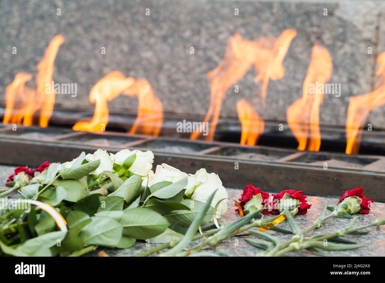 Mémorial de la Seconde Guerre mondiale des soldats soviétiques en Russie. Les fleurs se trouvent à une flamme éternelle d'un lit d'honneur, photo de gros plan avec une mise au point sélective Banque D'Images