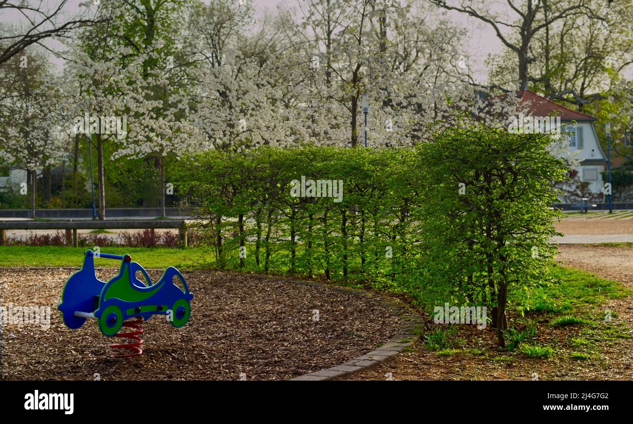 Petite haie semi-circulaire vert clair au soleil dans un terrain de jeu et un parc urbain à Offenbach, Hesse, Allemagne Banque D'Images