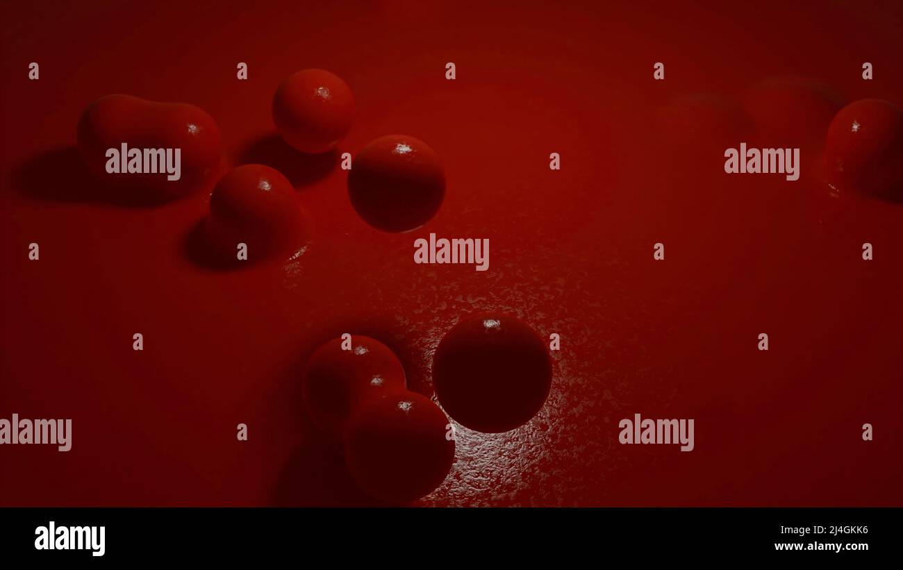 3D animation en boucle avec de belles petites sphères volées de peinture liquide et tombant à l'intérieur. Conception. Balles colorées sautant dans la texture liquide. Banque D'Images