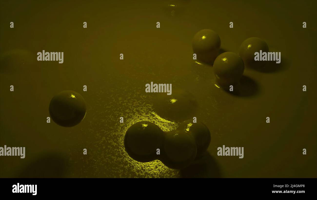 3D animation en boucle avec de belles petites sphères volées de peinture liquide et tombant à l'intérieur. Conception. Balles colorées sautant dans la texture liquide. Banque D'Images