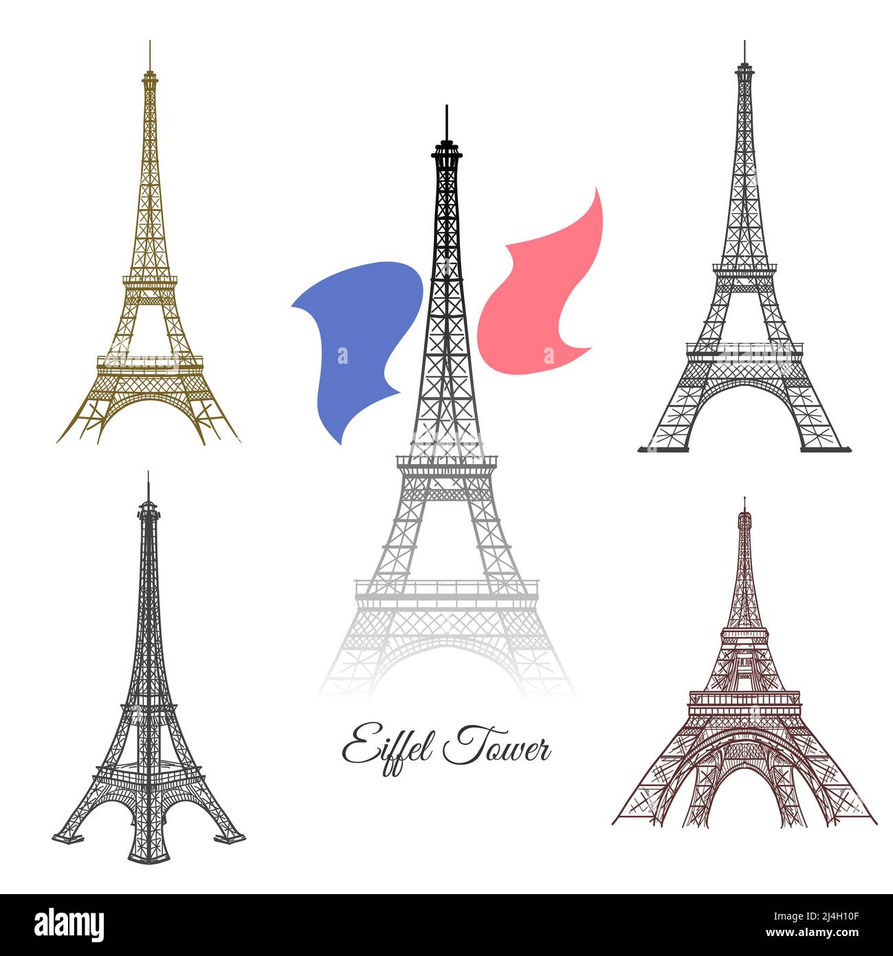Tour Eiffel dessinée à la main dans Paris Vector. Paris france tourisme, architecture de la tour, monument historique de la tour eiffel illustration Banque D'Images