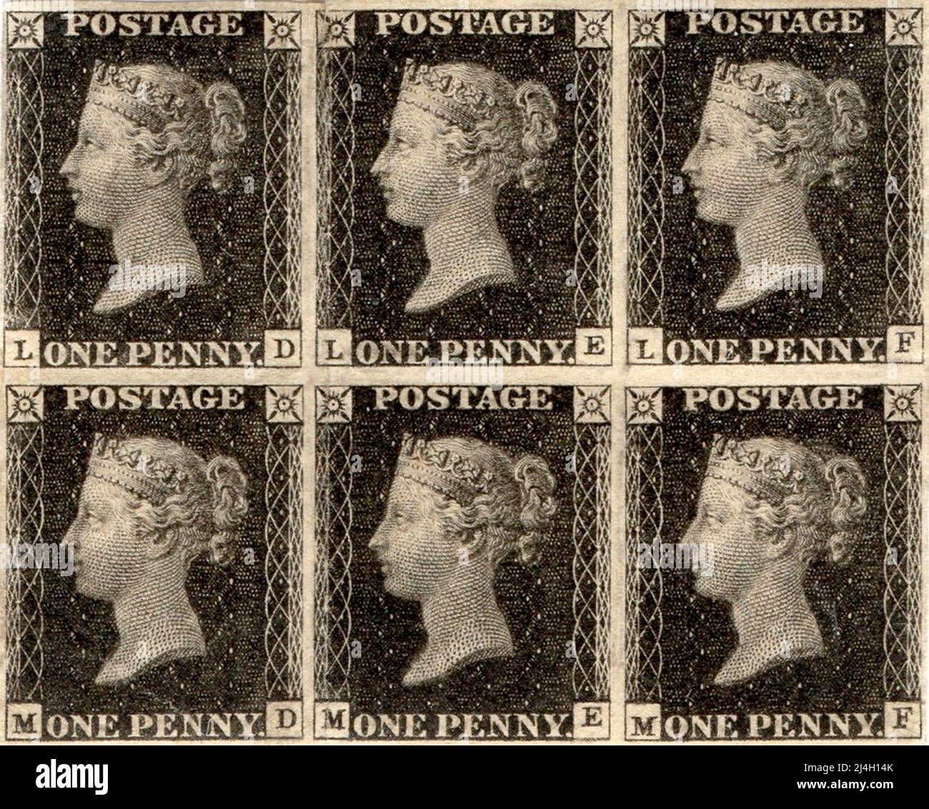 Timbres noir Penny. Penny Black a été le premier timbre-poste adhésif au monde utilisé dans un système postal public Banque D'Images