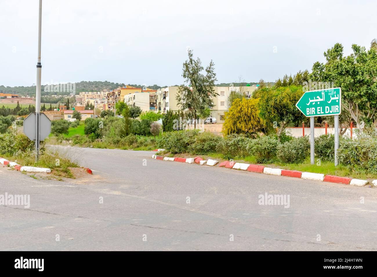Panneau de signalisation routière BIR El Djir destination en caractères blancs français et arabes. Intersection de routes, trottoir en herbe verte, arbres et bâtiments d'habitation Banque D'Images