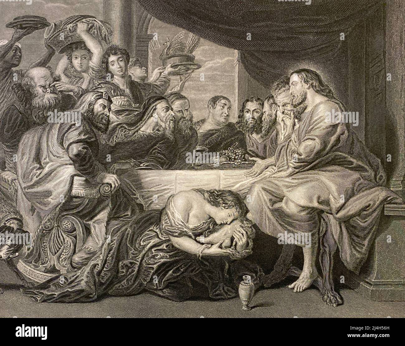 Gravure antique 'Jesus at the House of Simon' après une peinture à l'huile de Peter Paul Rubens intitulée 'The Pharisie' c. 1620, gravé par W. Greatebach, de la collection George Barrie : The International Gallery of prints, 1880s. Banque D'Images