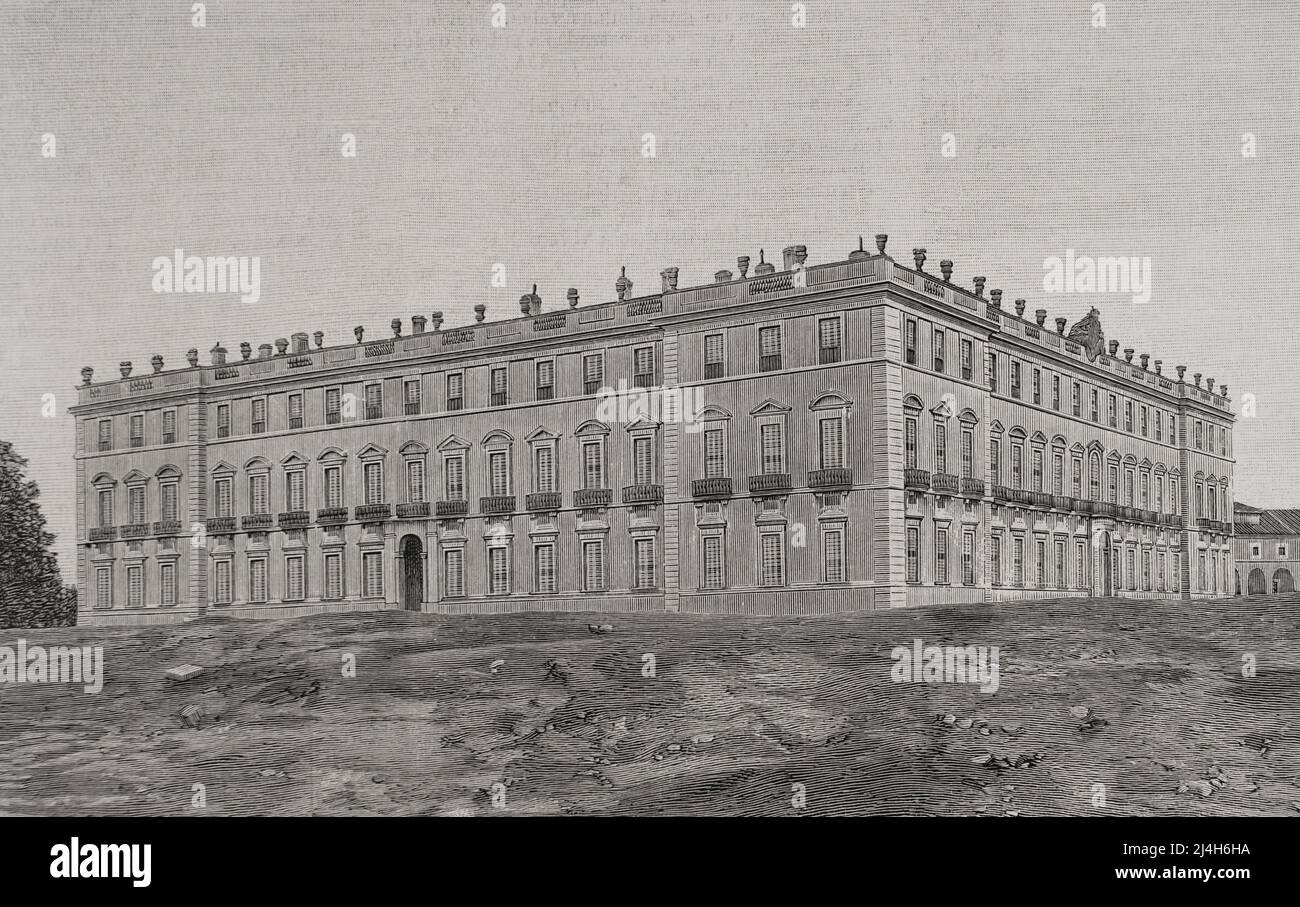 Guerre hispano-américaine. La guerre entre l'Espagne et les États-Unis en 1898, à la suite de l'intervention américaine dans la guerre d'indépendance de Cuba. Espagne. Palais royal de Riofrío (province de Segovia). La reine Regent Maria Christina de Habsburg-Lorraine ordonna de l'utiliser comme sanatorium pour les soldats rapatriés. Gravure par Laporta. La Ilustración Española y Americana, 1898. Banque D'Images
