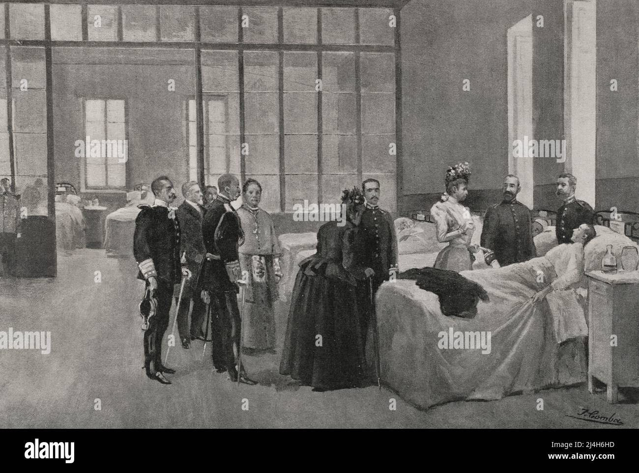 Guerre hispano-américaine. La guerre entre l'Espagne et les États-Unis en 1898, à la suite de l'intervention américaine dans la guerre d'indépendance de Cuba. Madrid, Espagne. La reine Regent Maria Christina, de Habsburg-Lorraine, rend visite aux soldats blessés rapatriés à l'hôpital del Buen Suceso. Illustration de Comba. Photogravure par Laporta. La Ilustración Española y Americana, 1898. Banque D'Images