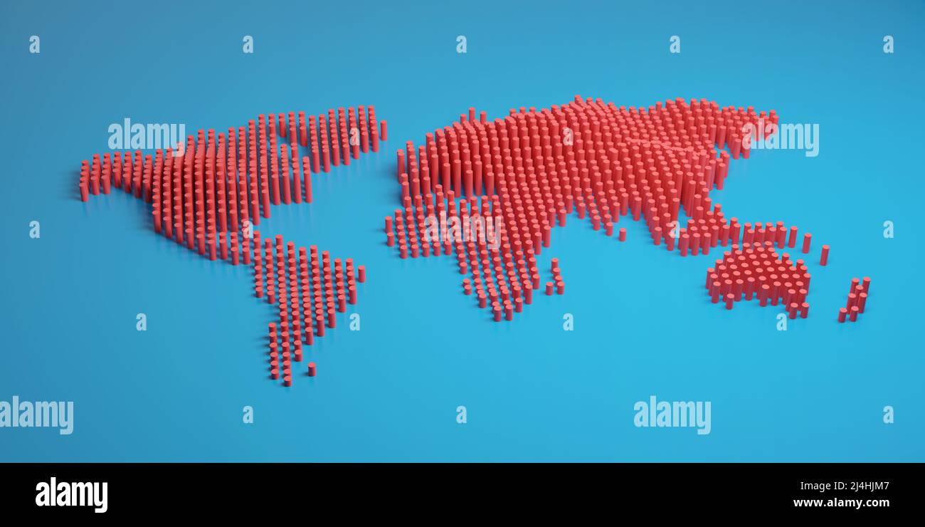 Carte du monde composée de barres rouges. 3d illustration. Banque D'Images