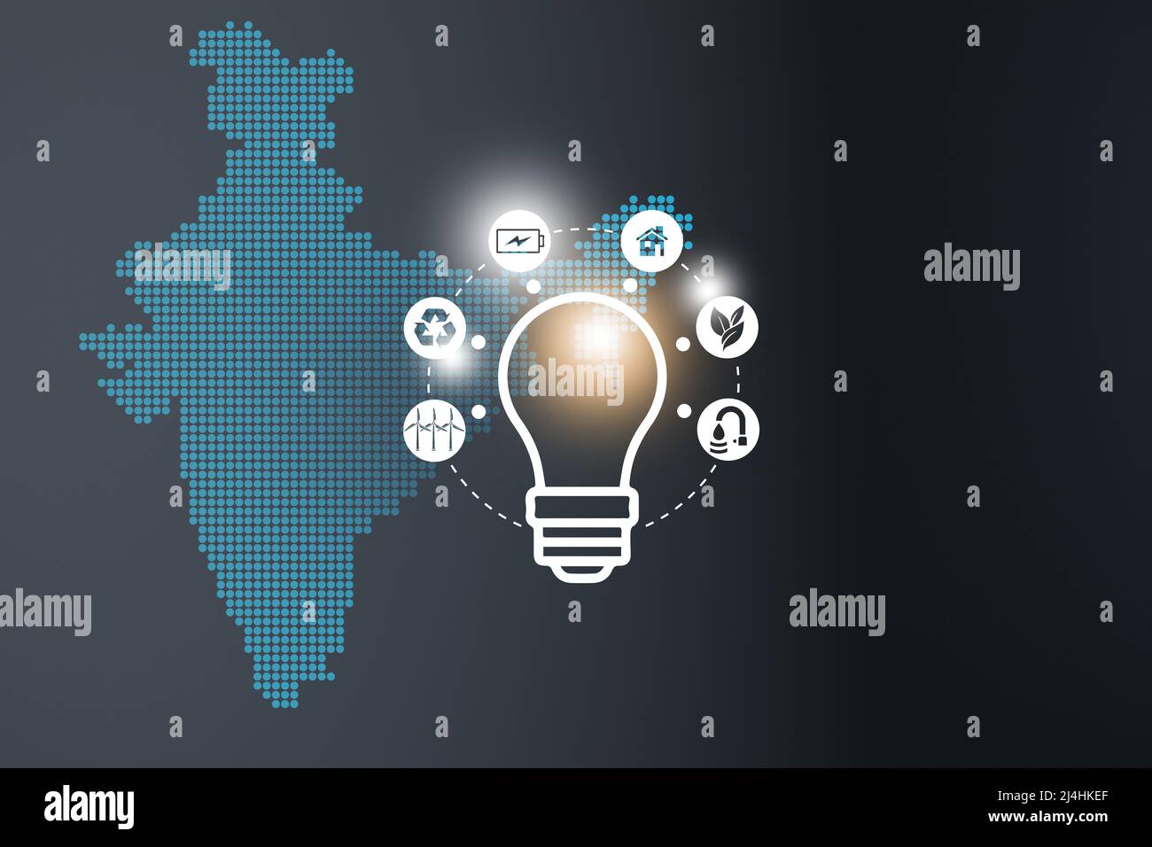 Innovation énergétique avec l'interface graphique des icônes de production d'énergie future. Carte interactive de l'Inde sur fond bleu Banque D'Images