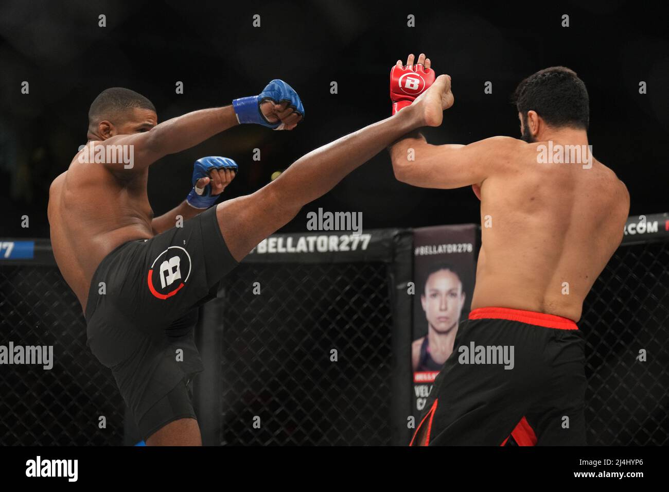 San Jose, Californie, États-Unis. 15 avril 2022, SAN JOSE, San Jose, Californie, États-Unis: SAN JOSE, CA - avril 15: Dovletdzhan Yagshimuradov (gants rouges) et Rafael Carvalho (gants bleus) se rencontrent dans l'octogone pour un combat léger de 3-rondes poids lourds au SAP Center for Bellator 277: McKee vs Pitbull 2 - événement le 15 avril 2022 à SAN JOSE, États-Unis. (Credit image: © Louis Grasse/PX Imagens via ZUMA Press Wire) Credit: ZUMA Press, Inc./Alamy Live News Banque D'Images