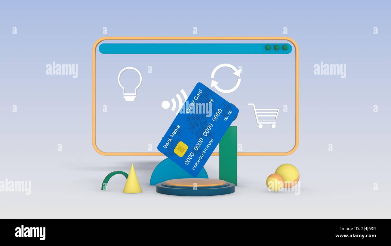 carte de crédit sur un piédestal avec un ordinateur stylisé en arrière-plan, concept de shopping ou de finance en ligne et nouvelles technologies, couleurs pastel (3d rande Banque D'Images