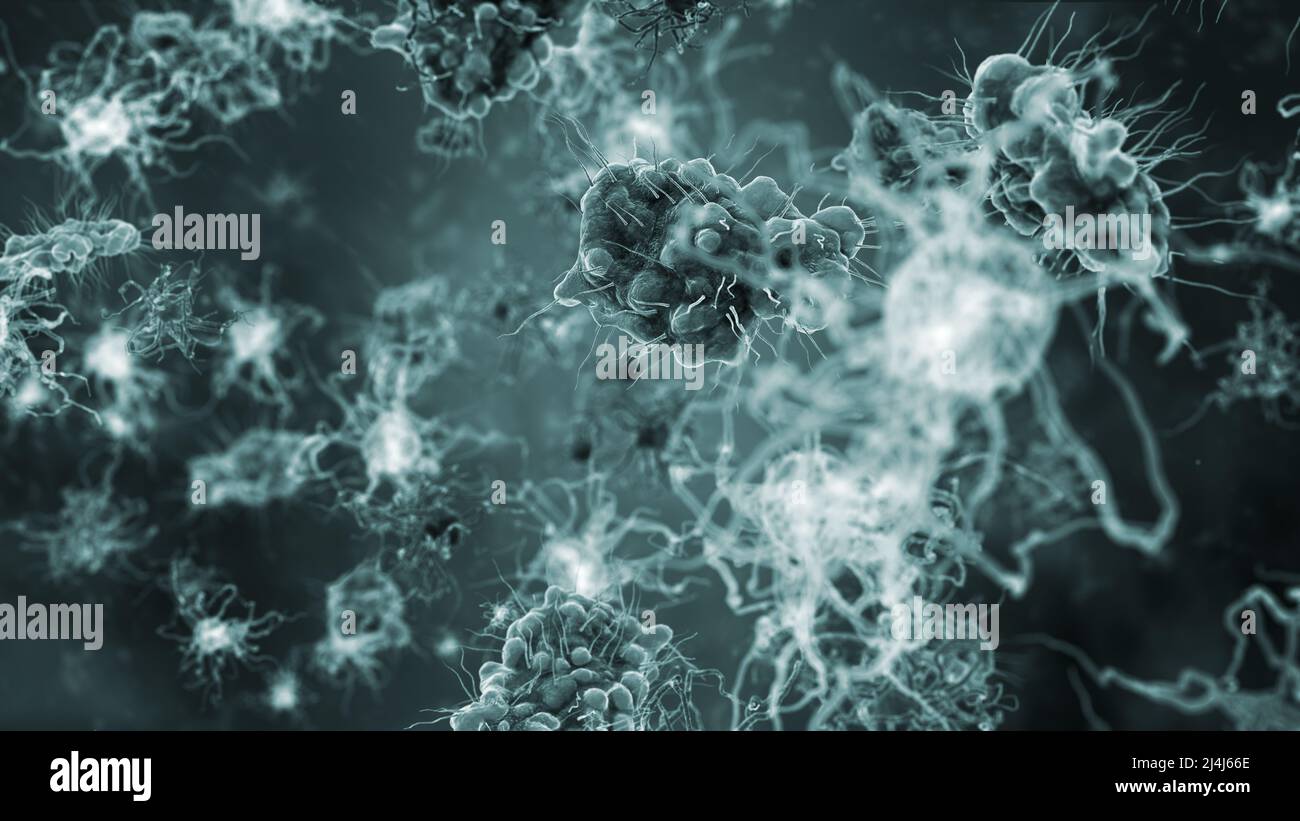 bactéries cellules et virus sous microscope, concept de microbiologie, recherche scientifique et médicale, utile comme arrière-plan ou animation intro (3d rende Banque D'Images