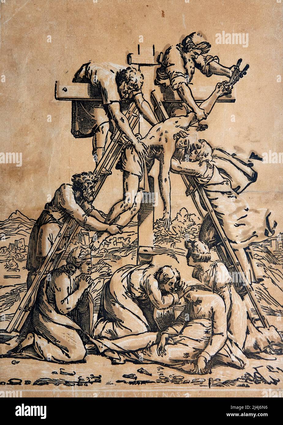 Deposizione dalla croce, da Raffaello - xilografia a chiaroscuro a tre legni - Ugo da Carpi - XVI secolo - Carpi (Mo) Musei di Palazzo dei Pio Banque D'Images