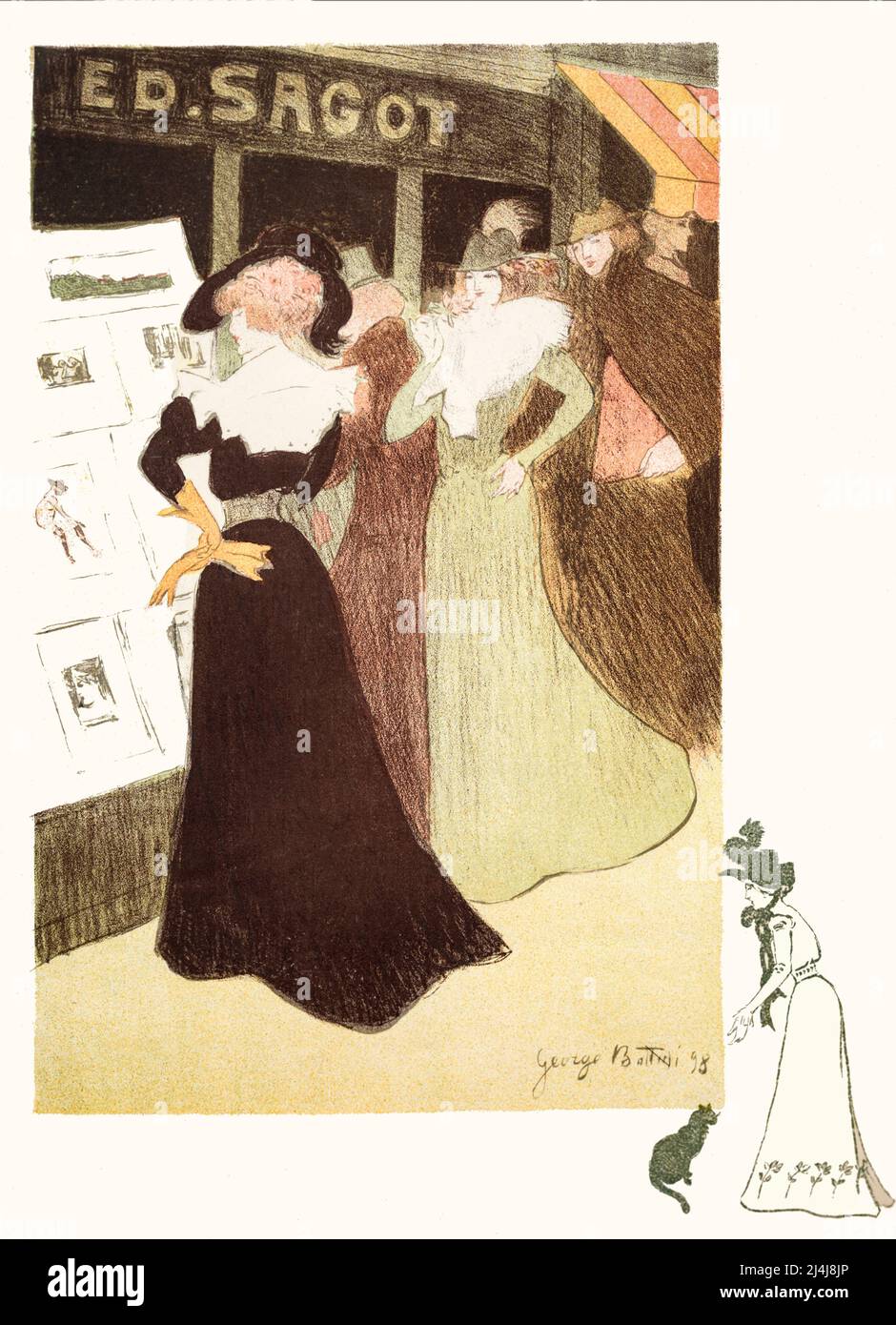 Une 19th affiche publicitaire française de la fin du siècle montrant une foule de jeunes femmes vêtues de façon tendance se réunissent devant les fenêtres de la boutique d'Edmond Sagot, suggérant le statut croissant de la lithographie de couleur à l'époque. L'artiste est Georges Bottini (1874 - 1907) Banque D'Images