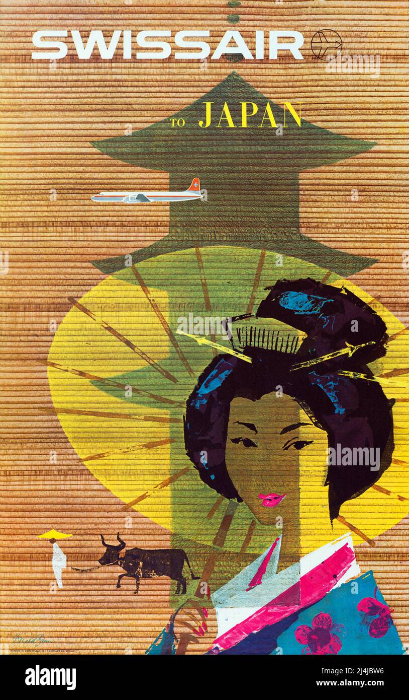 Affiche de voyage vintage 1950s - Swissair - au Japon - Donald Brun -1958 Banque D'Images