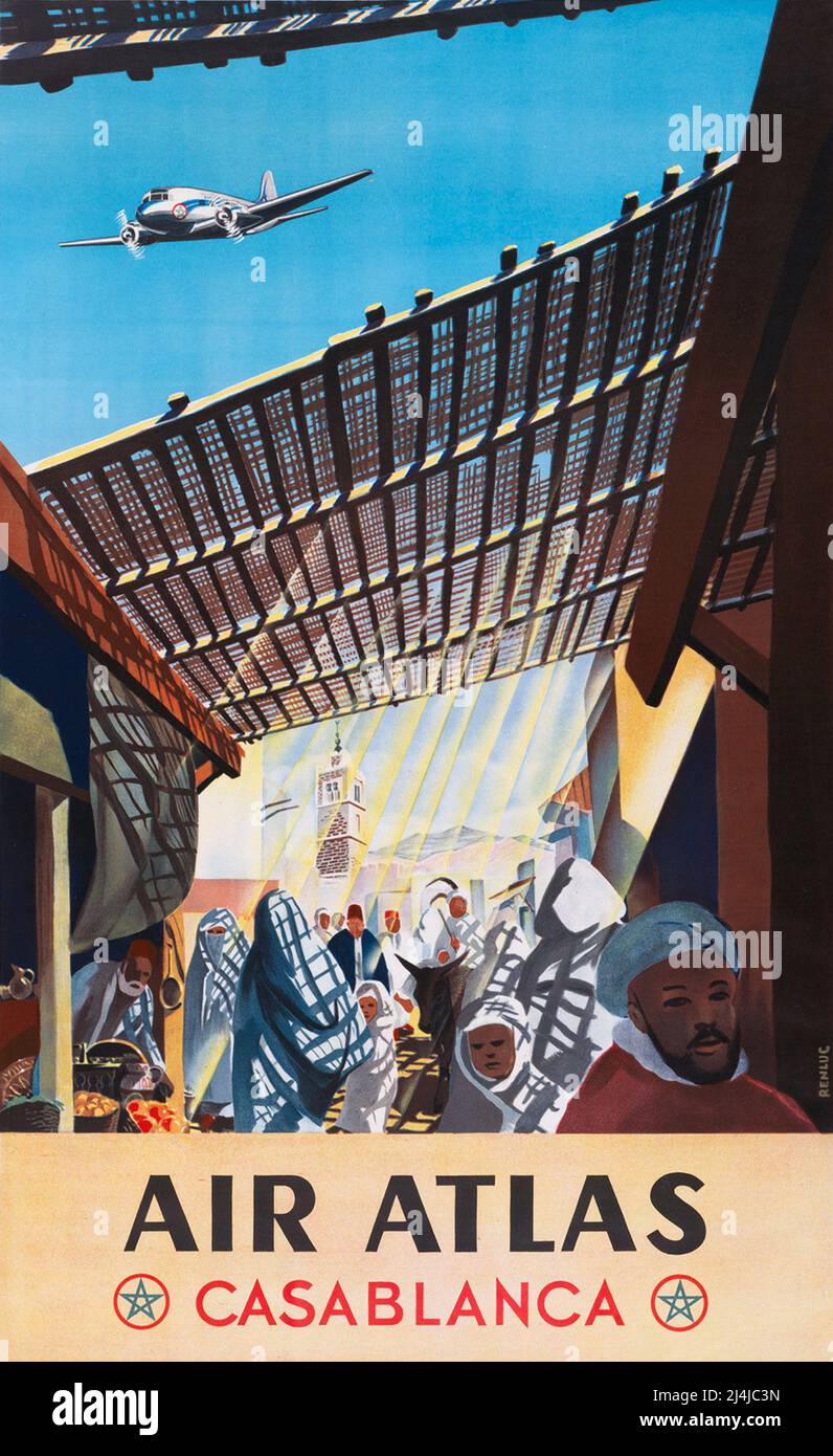 Affiche vintage 1950sTravel - Air Atlas - Casablanca - Renluc - 1950 Banque D'Images