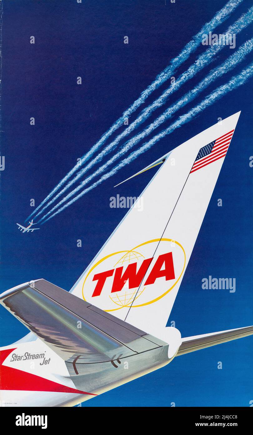 Affiche de voyage vintage des années 60 - TWA Airlines - avions à réaction sur fond bleu. Banque D'Images