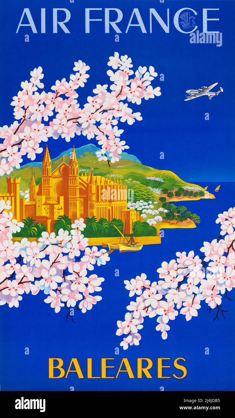 Affiche de voyage vintage réalisée par Lucien Boucher en 1951, Air France Baleares Banque D'Images Affiche de voyage vintage réalisée par Lucien Boucher en 1951, Air France Baleares Banque D'Images