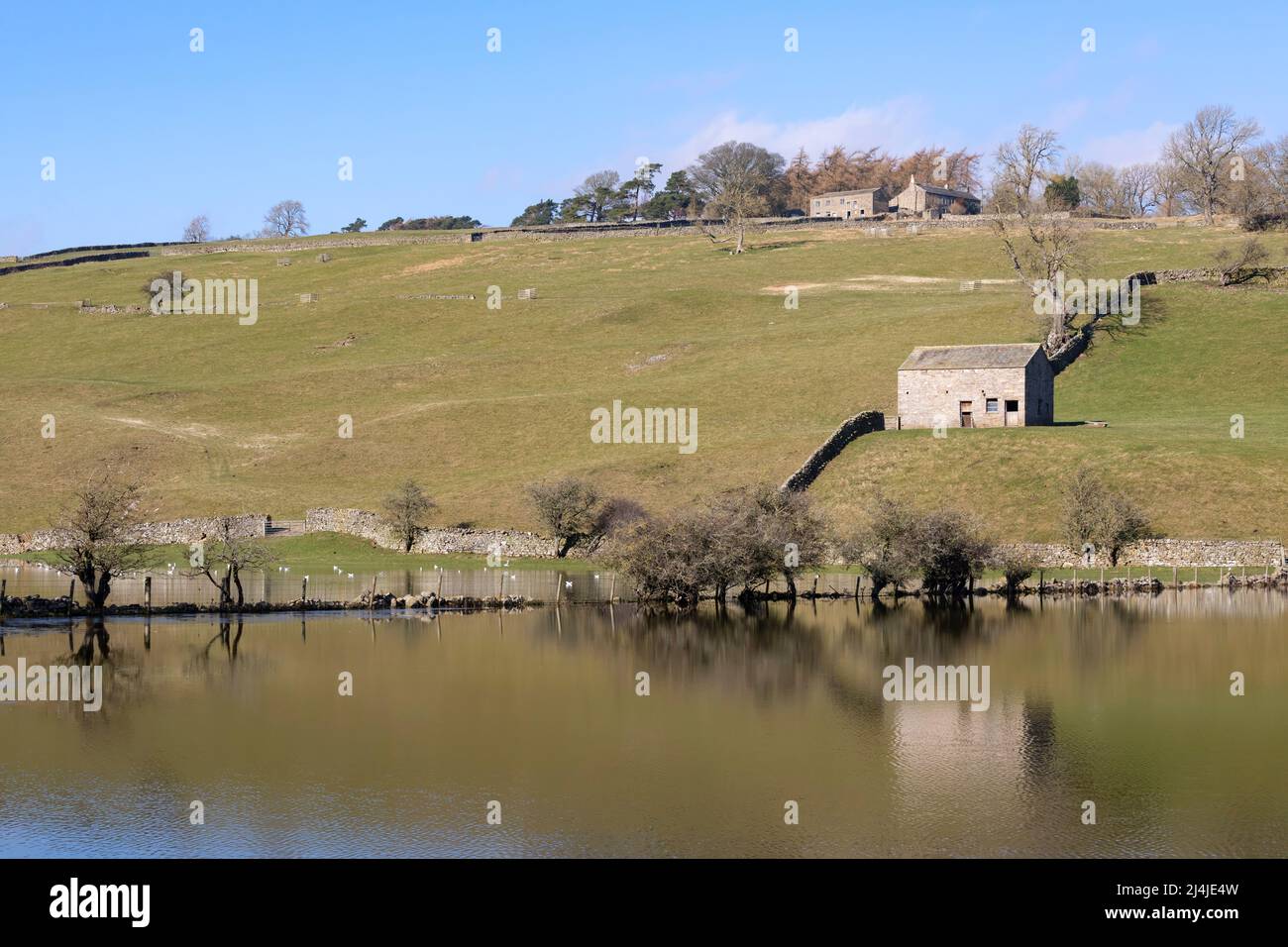 Champs inondés près de Reeth à Swaledale, dans le parc national de Yorkshire Dales. La grange emblématique en pierre et les murs en pierre sèche se reflètent dans l'eau fixe. Banque D'Images