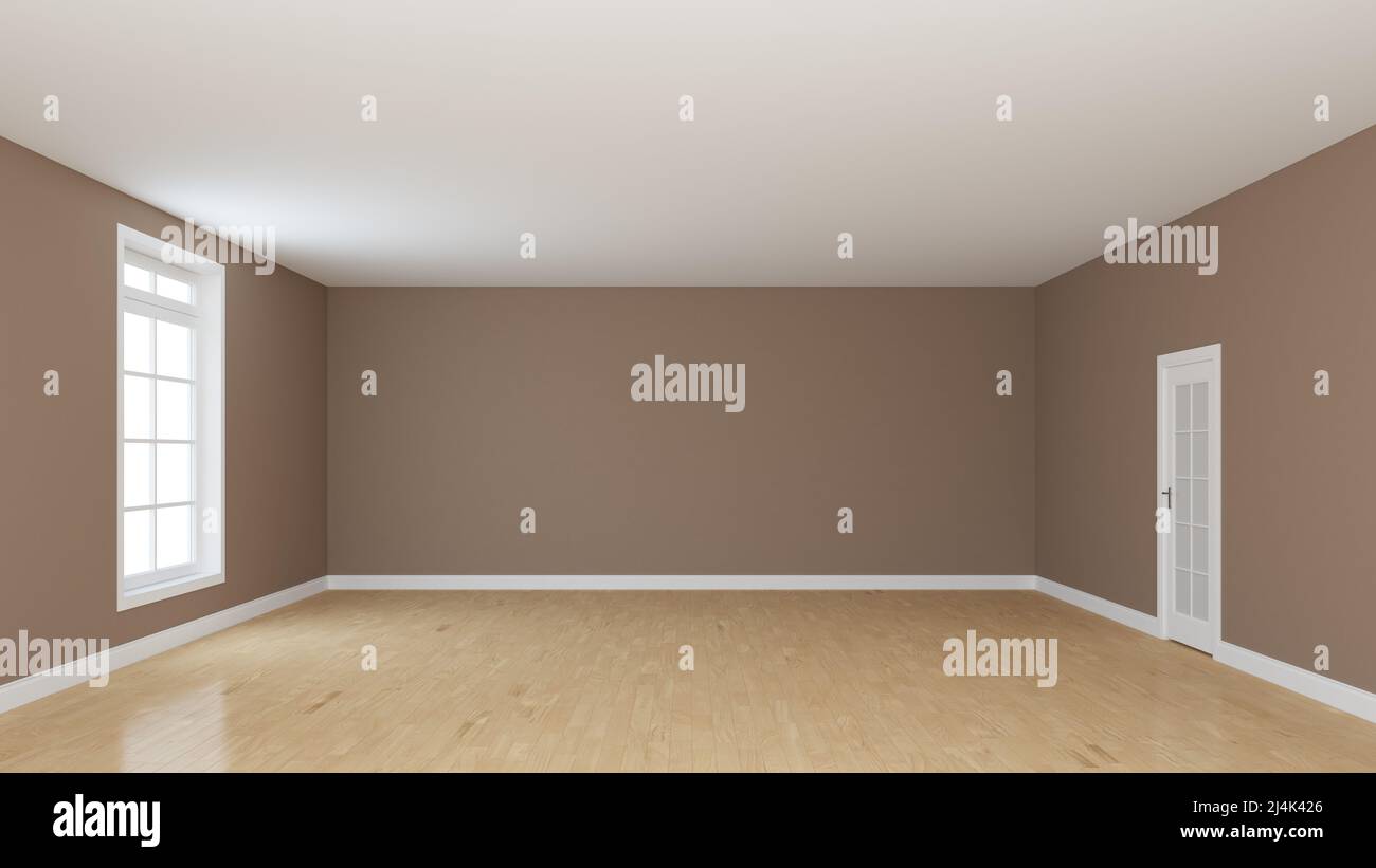 Chambre vide avec murs en stuc brun clair, parquet clair, Plinth blanc, fenêtre et porte blanche. Intérieur non meublé. 3D illustration avec un wor Banque D'Images