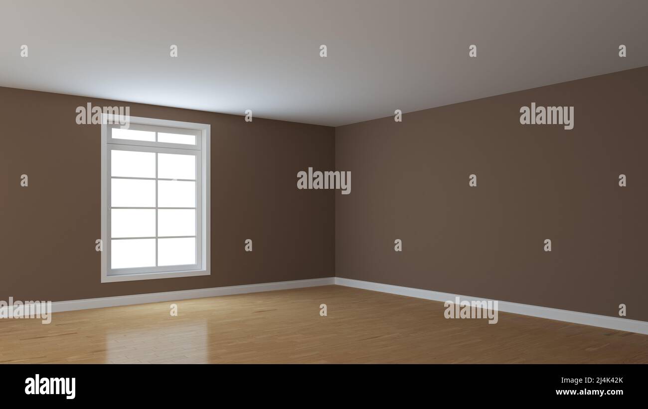 Coin de chambre vide avec murs en stuc brun, plafond blanc, grande fenêtre, parquet brillant et un parquet blanc. Vue en perspective. 3d illustration Banque D'Images
