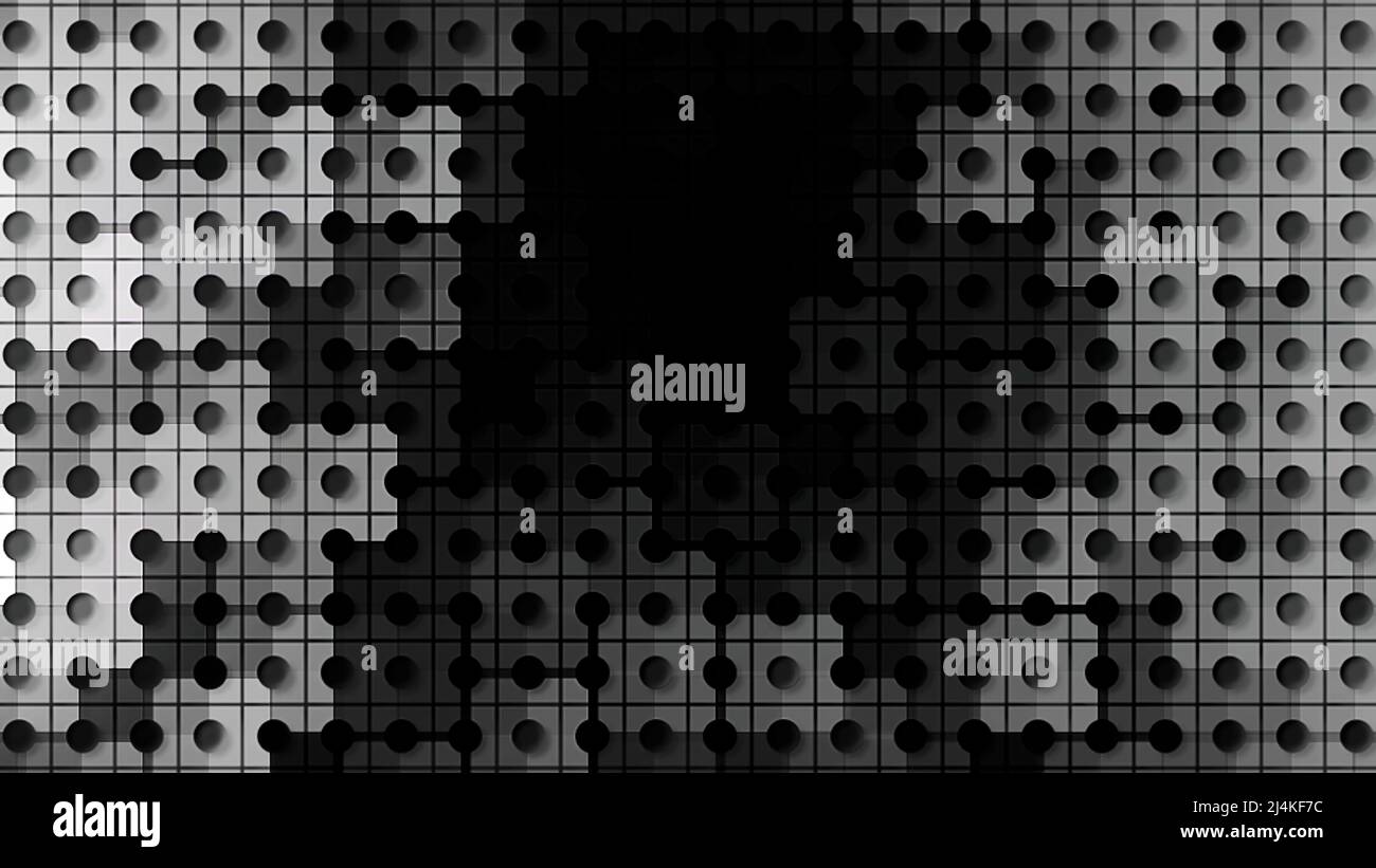 Résumé maillage mobile monochrome résumé arrière-plan géométrique abstrait. Mouvement. Écran noir et blanc de carrés et de cercles avec ombre en mouvement. Banque D'Images