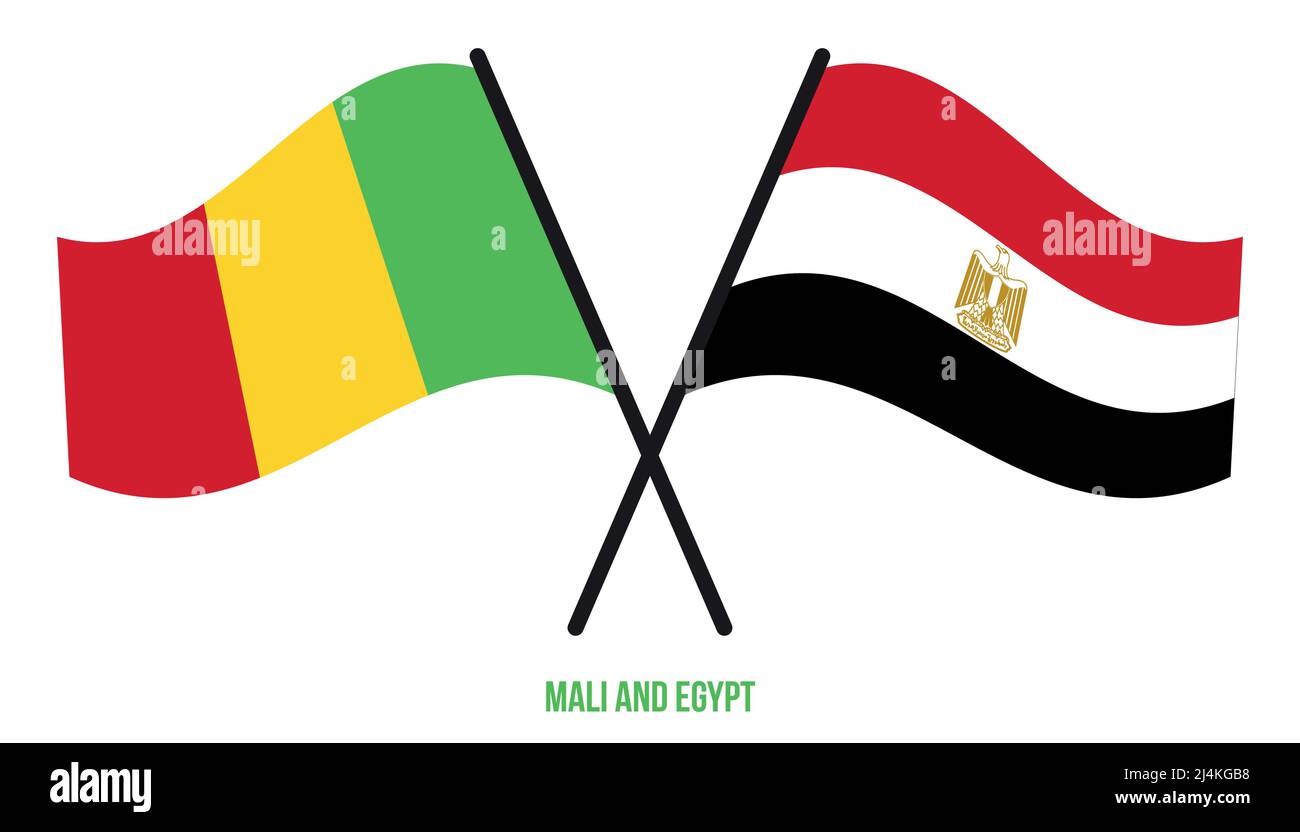 Mali et Egypte drapeaux croisés et ondulant le style plat. Proportion officielle. Corriger les couleurs. Illustration de Vecteur