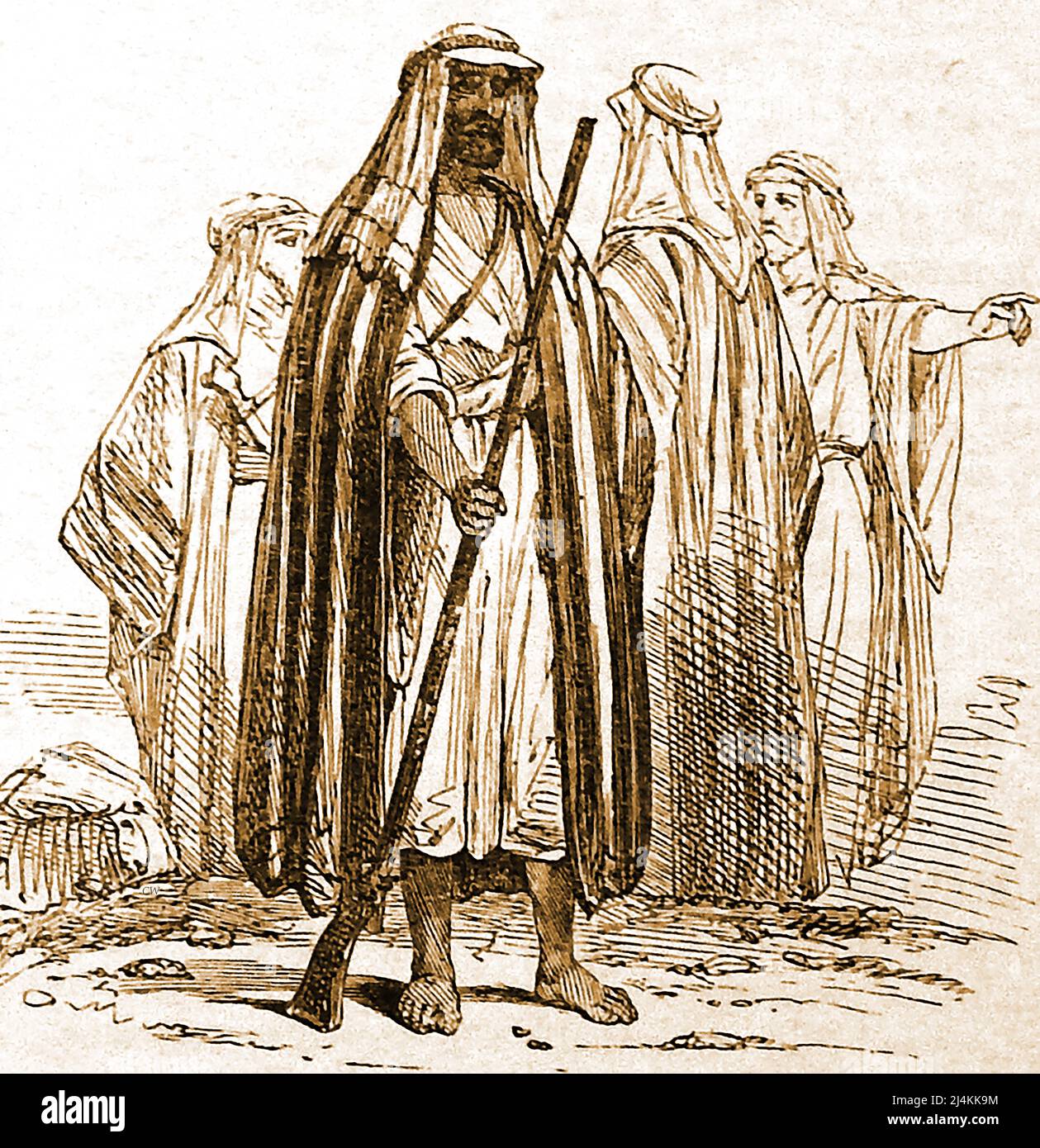 Une gravure du 19th siècle montrant les Arabes bédouins, dont un avec un fusil Banque D'Images