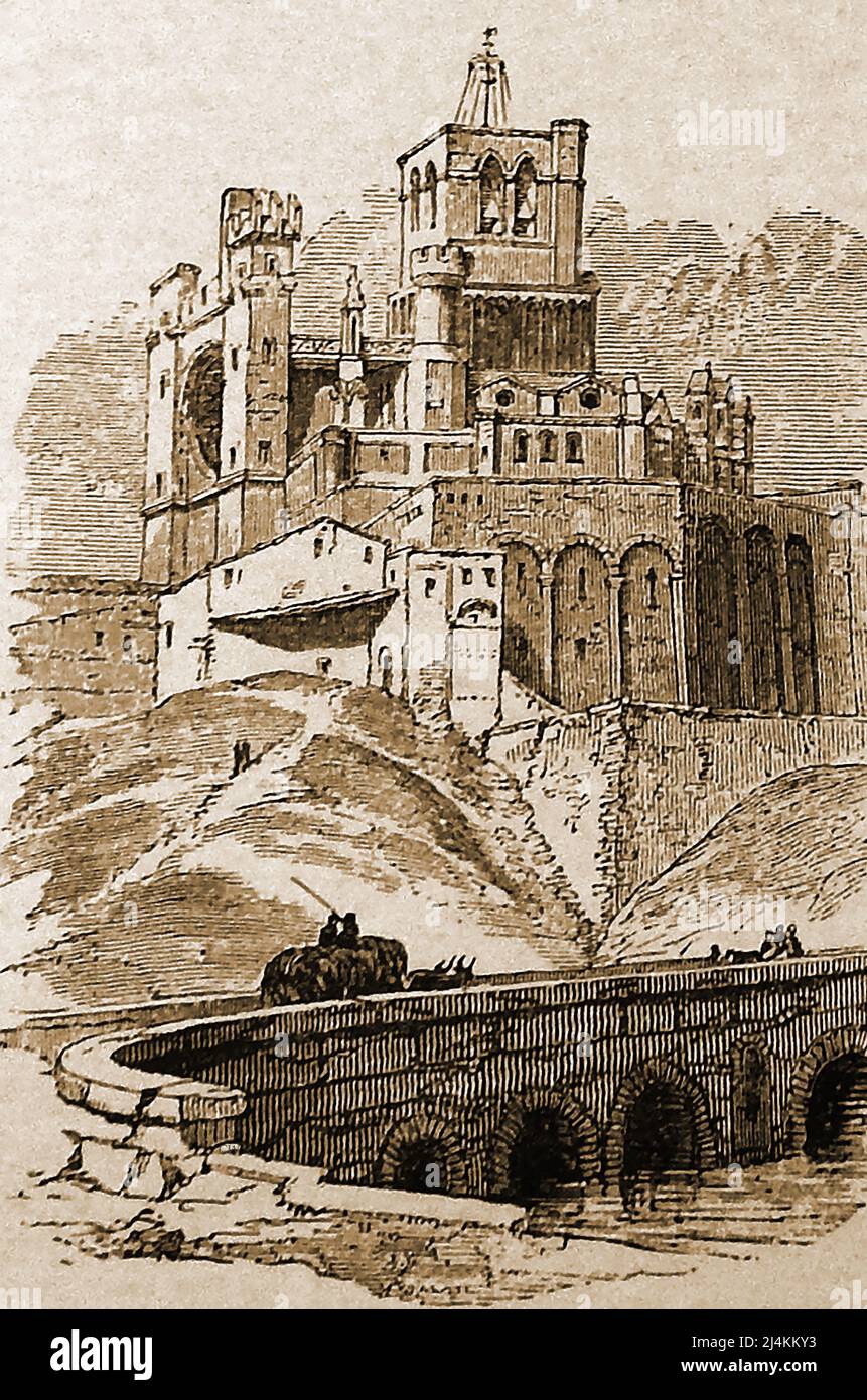 Une gravure britannique de 19th siècles de la Cathédrale de Béziers / Cathédrale de Béziers /: Cathédrale Saint-Nazaire-et-Saint-Celse de Béziers. L'église médiévale a été construite sur le site d'une autre qui avait été détruite pendant le massacre de Béziers dans la croisade albigésienne alias la croisade cathare, la Croisade des albigeois ou la Crosada dels albigèse. Banque D'Images