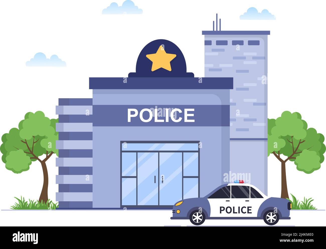 Illustration du vecteur de construction du poste de police avec un policier et une voiture sur fond plat de style dessin animé Illustration de Vecteur