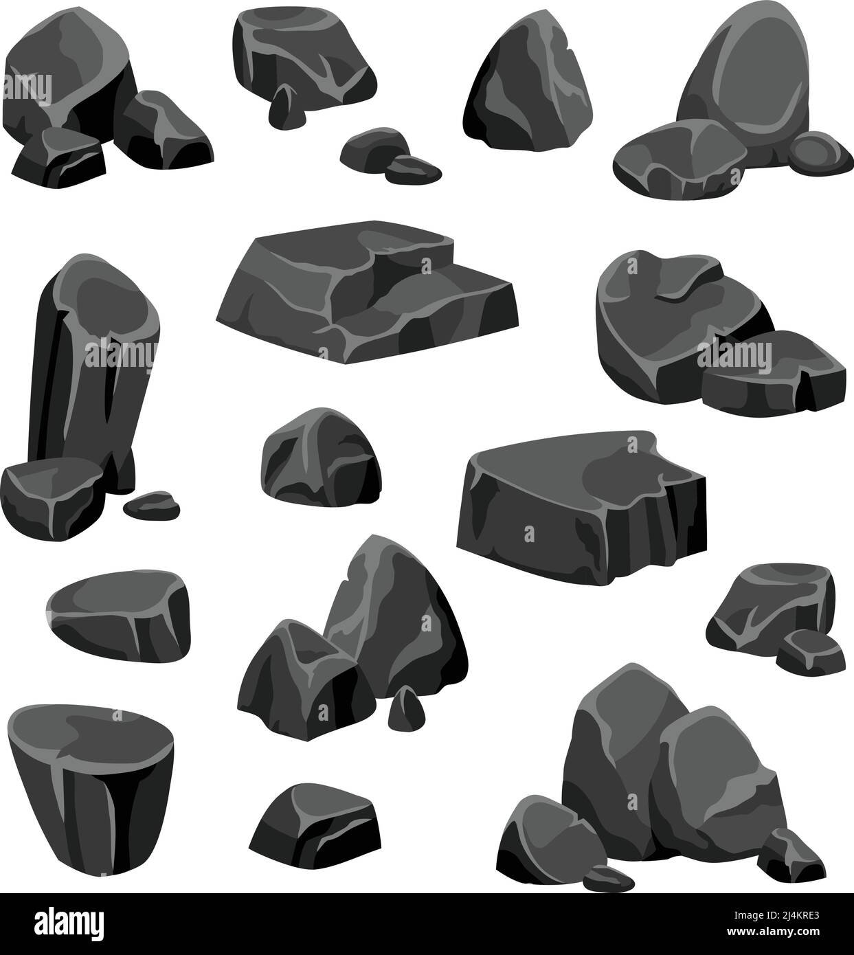 Roches noires et pierres fragments de granit ou de nature minérale dans une illustration vectorielle isolée de style dessin animé Illustration de Vecteur