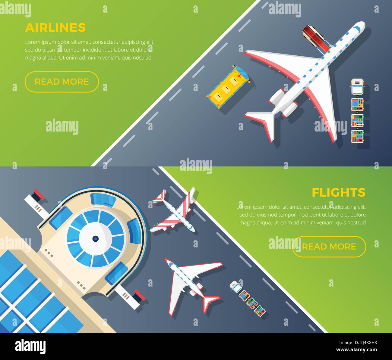 Design de l'ensemble de bannières de vue du dessus d'AirPort 2 pour les compagnies aériennes Internet page web contenant des informations sur les vols illustration vectorielle isolée Illustration de Vecteur