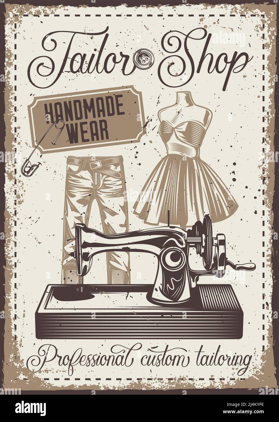 Affiche avec illustration d'un pantalon, d'un mannequin et d'une machine à coudre sur fond vintage. Illustration de Vecteur