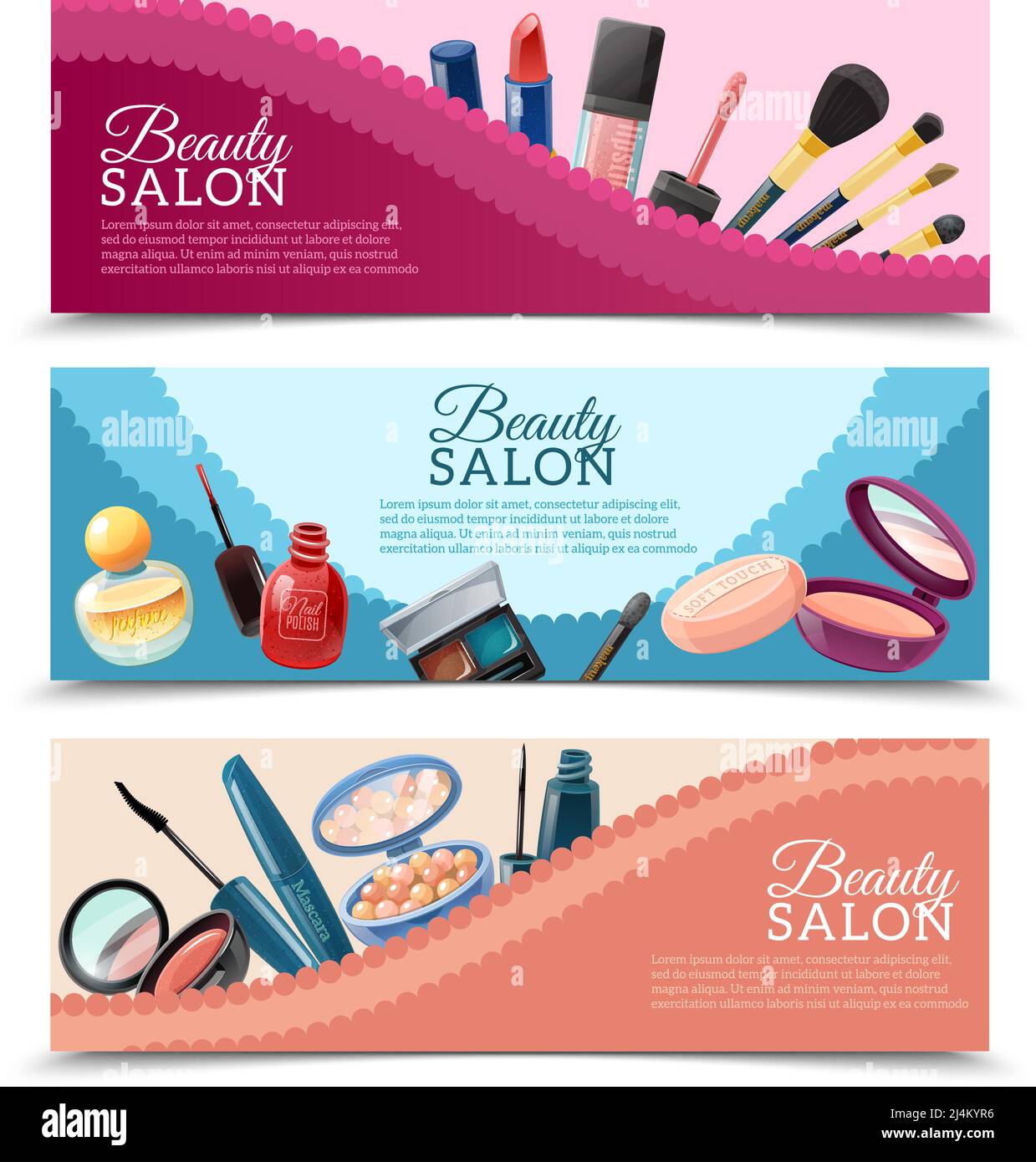 Salon de beauté publicité 3 bannières horizontales ensemble avec cosmétiques et accessoires de maquillage illustration vectorielle isolée réaliste Illustration de Vecteur