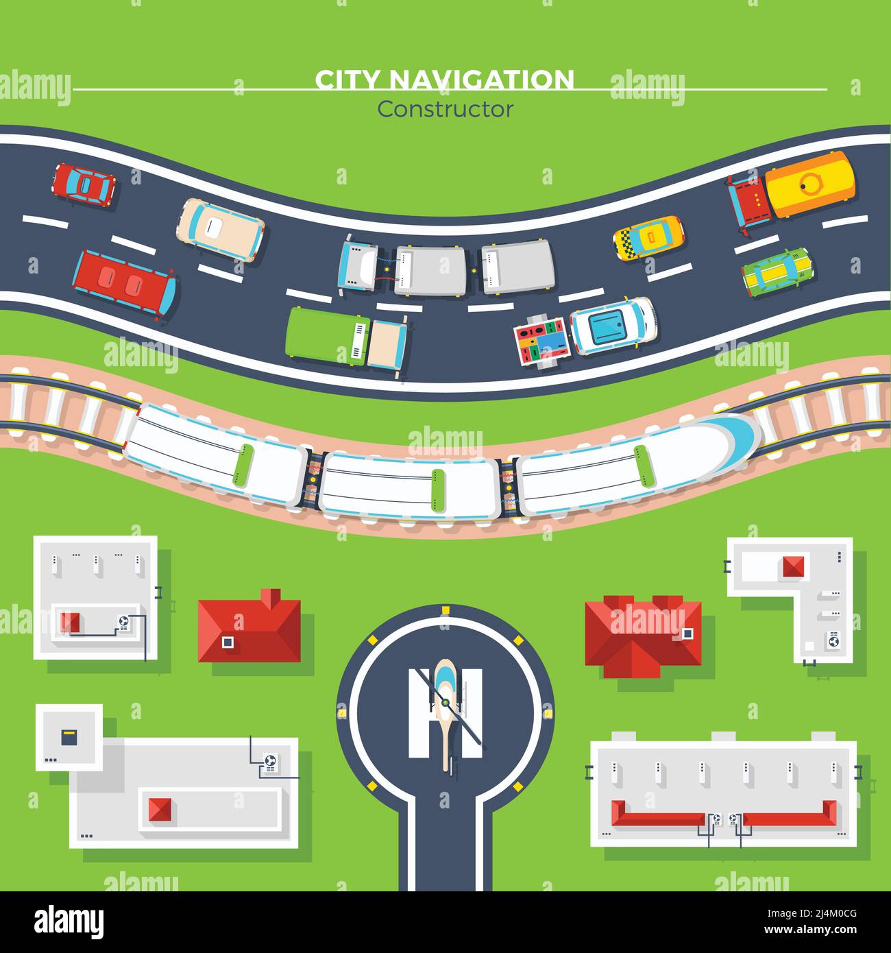 Affiche de navigation de la vue supérieure du transport urbain avec les véhicules sur route illustration vectorielle plate de chemins de fer et de bâtiments Illustration de Vecteur