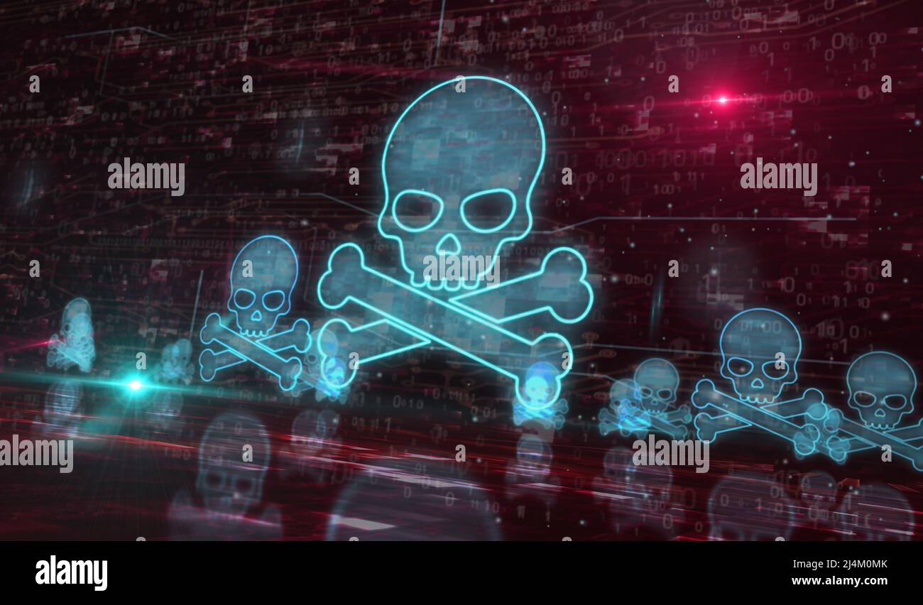 Concept numérique du pirate du crâne, de la cyberattaque en ligne, du piratage, des menaces et des failles de sécurité. Réseau, cyber-technologie et informatique résumé Banque D'Images