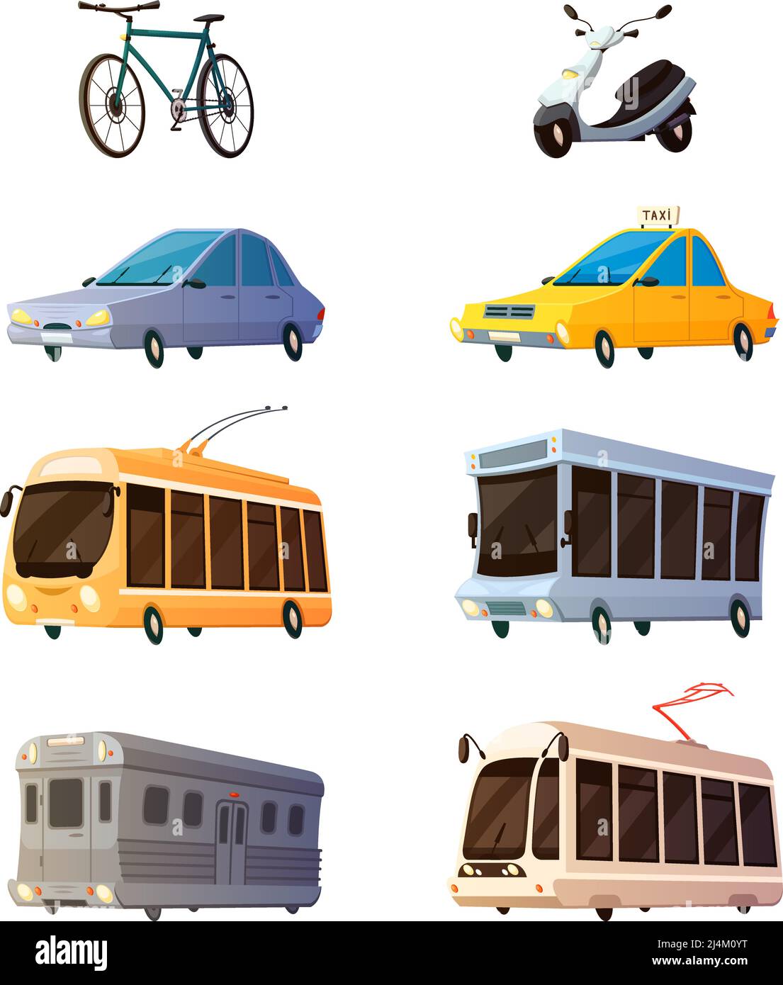 Transports en ville icônes de dessins animés rétro ensemble de bus tram trolley railcar vélo jaune taxi plat images isolées vecteur illustration Illustration de Vecteur