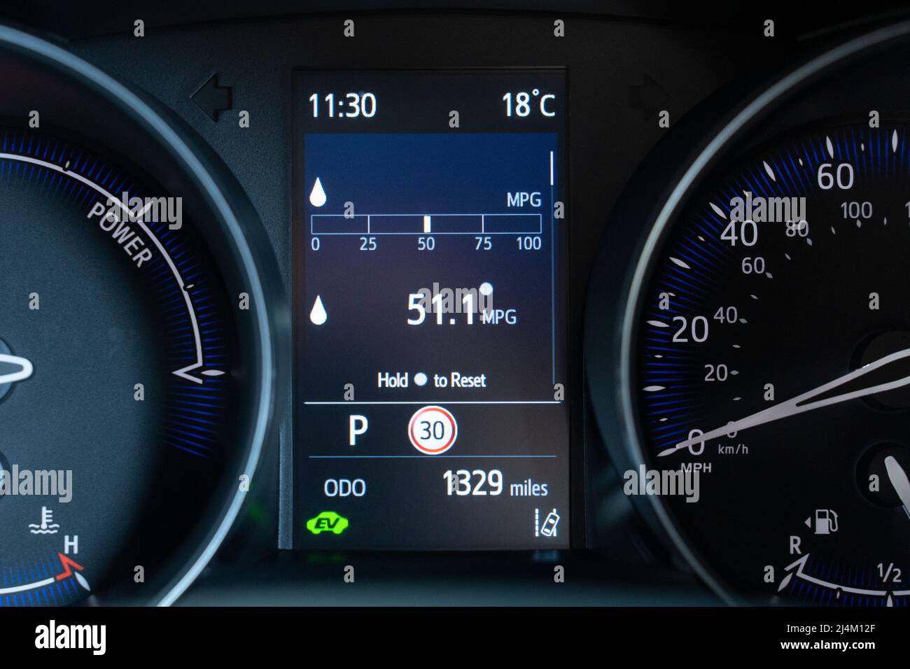 Un tableau de bord hybride à charge automatique indique le rendement énergétique de la voiture