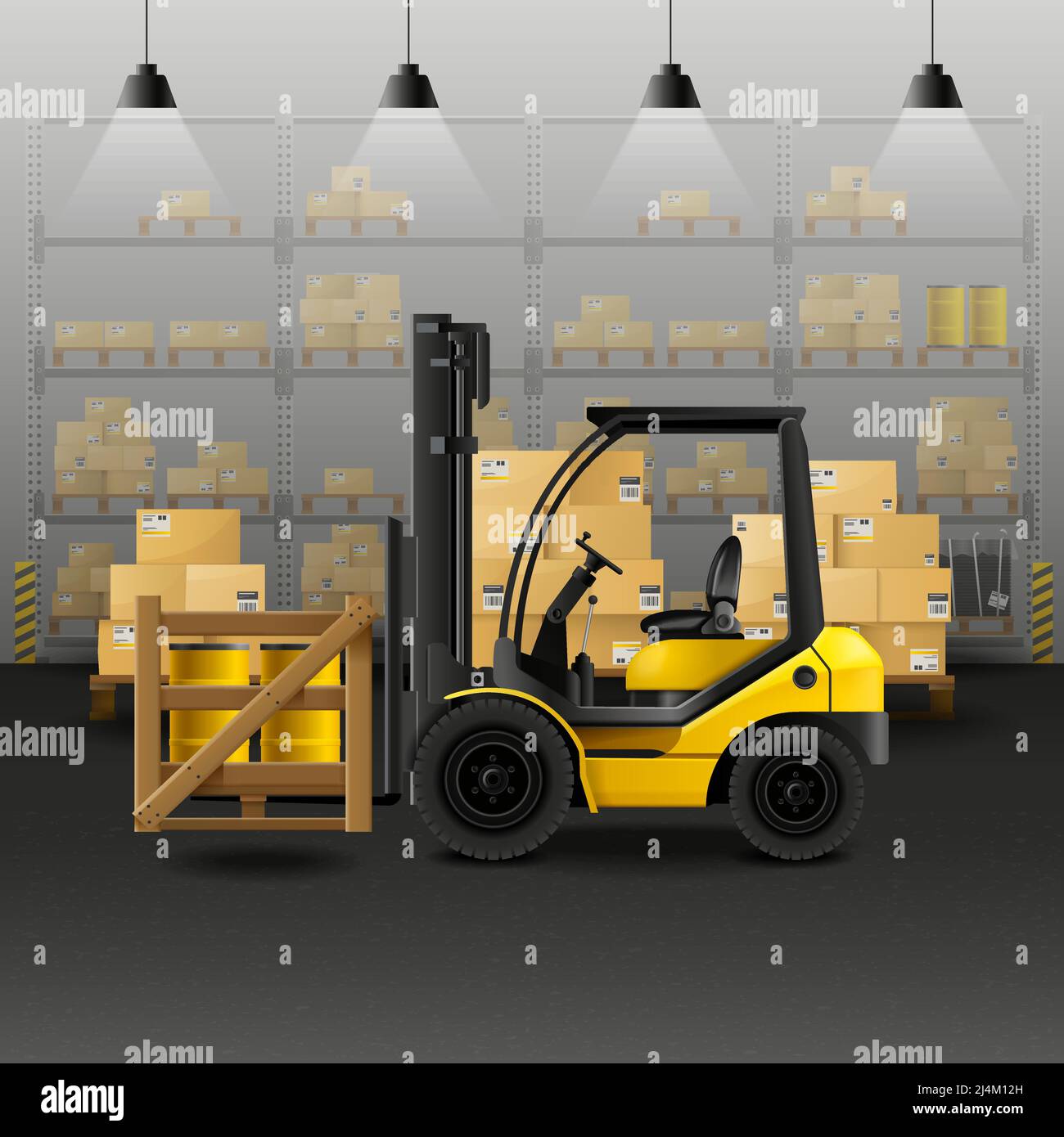 Composition réaliste de l'entrepôt avec stockage de chariots élévateurs et vecteur de boîtes de chargement illustration Illustration de Vecteur