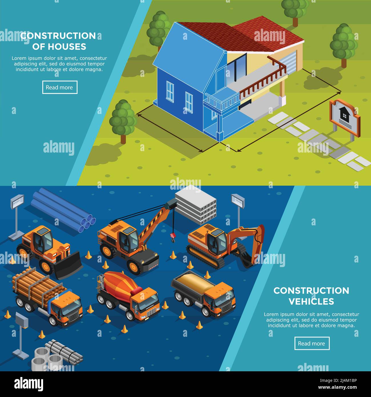 Deux bannières isométriques de construction avec disposition des véhicules de maison de campagne pour les camions routiers et les pinces à benne à vecteur plat Illustration de Vecteur