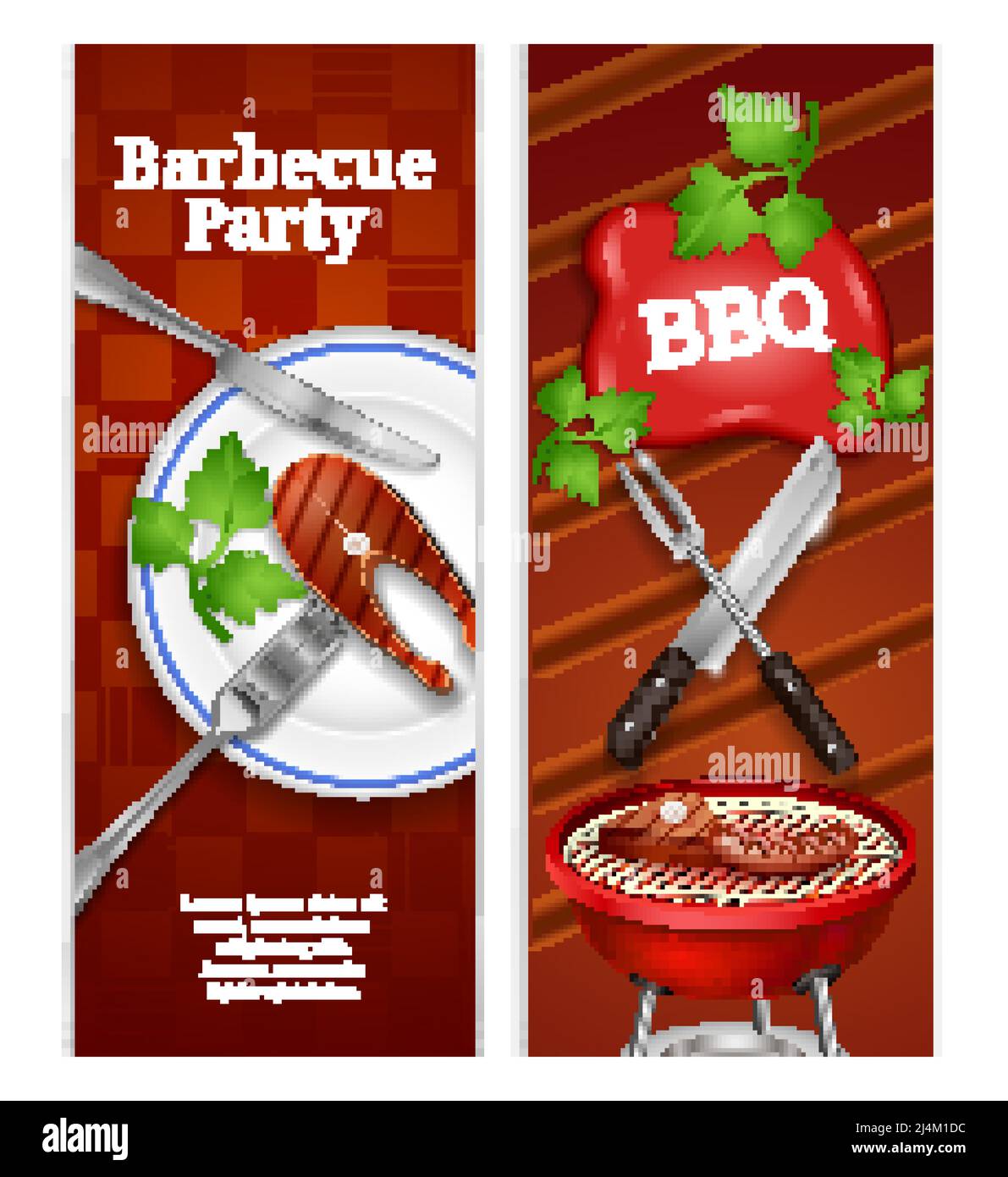 Banderoles verticales barbecue avec steak juteux sur l'assiette et grillé illustration vectorielle de produits à base de viande sur barbecue Illustration de Vecteur