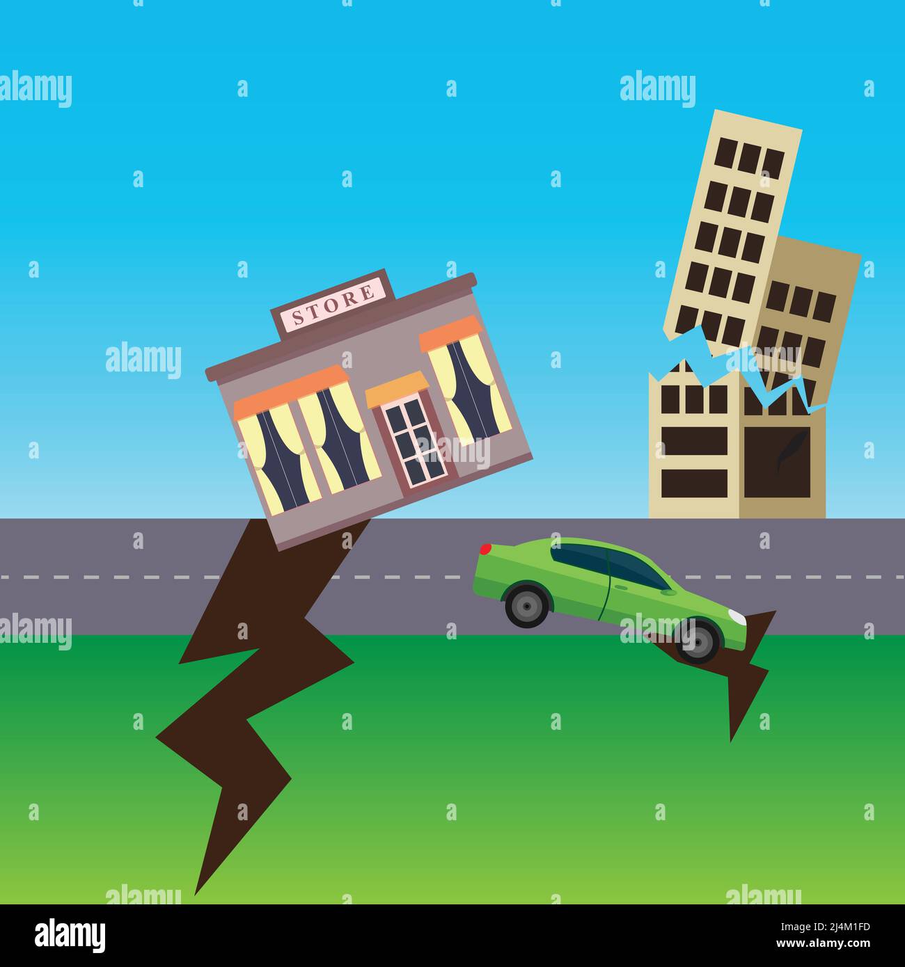 Crack dans le sol avec un magasin , un bloc d'appartements et une voiture tombant, concept tremblement de terre Illustration de Vecteur