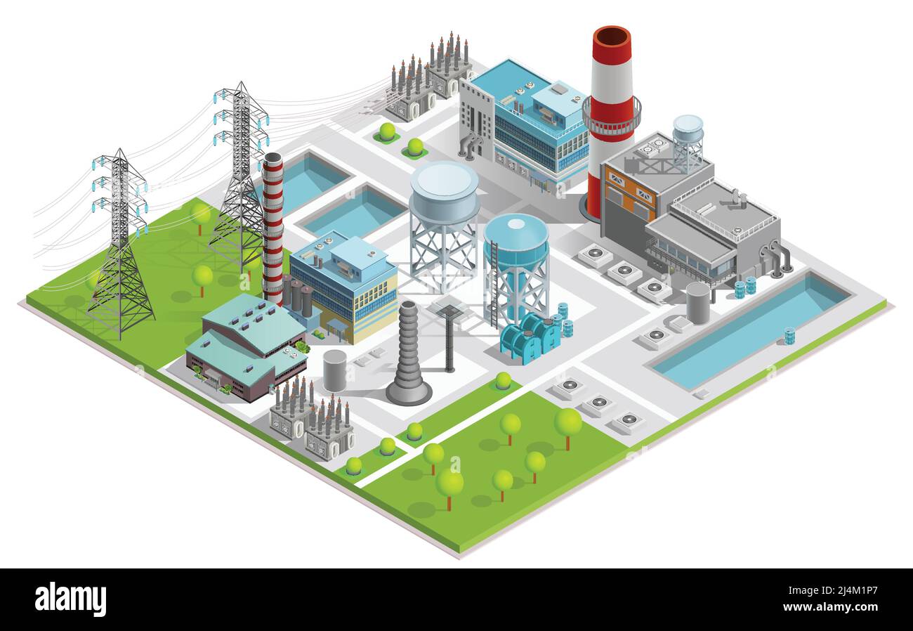 Illustration vectorielle de l'usine de chaudières pour la production de thermique et l'énergie électrique avec ligne électrique prend en charge le concept isométrique Illustration de Vecteur