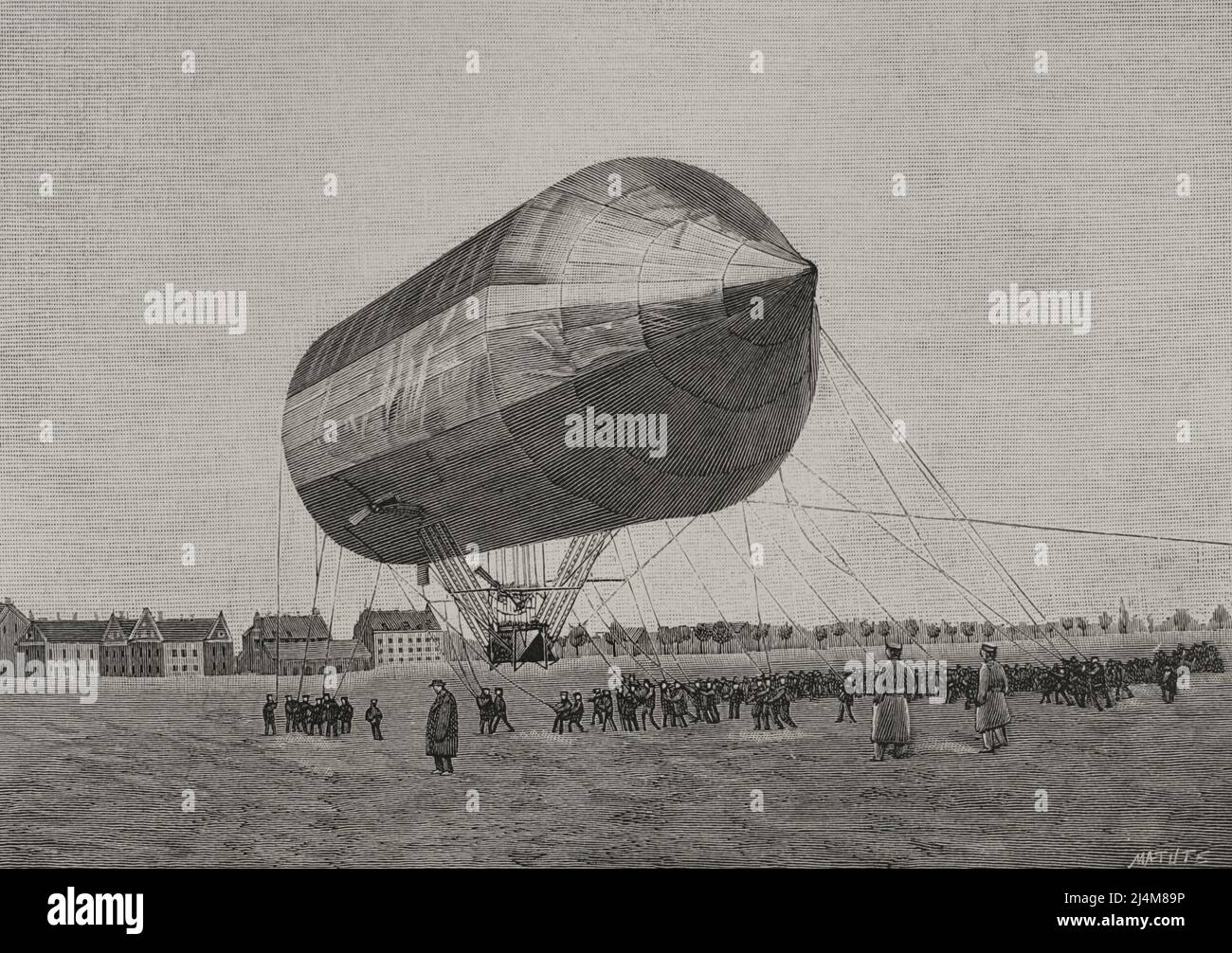 Allemagne. Aérostation essai en vol avec un avion en aluminium, tenu à Tempelhof, près de Berlin, le 3 novembre 1897. David Schwarz (1850-1897) l'a conçu et construit. Le navire a fait 134 pieds de long et 46 pieds de haut. L'essai n'a pas donné les résultats escomptés, bien que le navire ait atteint une altitude de 400 mètres, il s'est écrasé. Gravure par Matute. La Ilustración Española y Americana, 1898. Banque D'Images