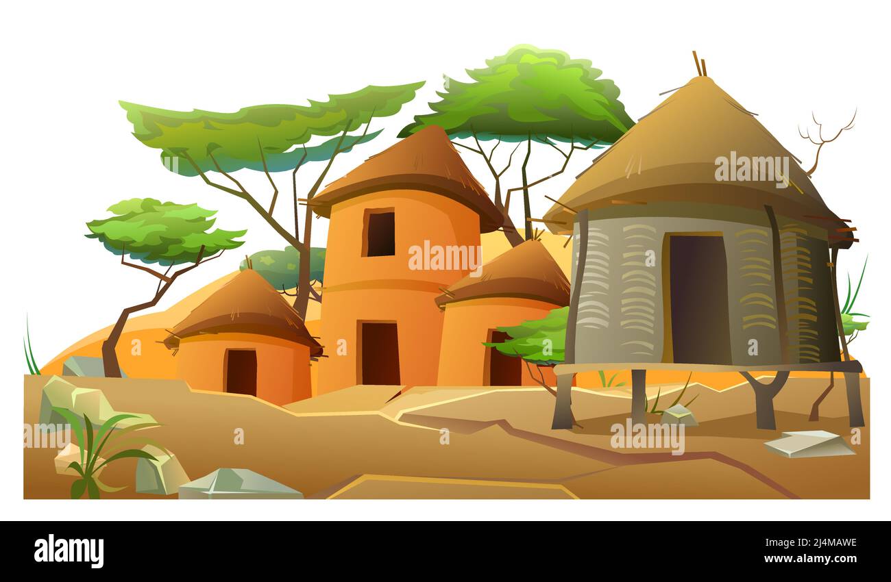 Village africain. Bâtiments et dunes de sable. Maisons rurales en argile et en paille. Isolé sur fond blanc. Paysage africain. Acacia. Vecteur. Illustration de Vecteur