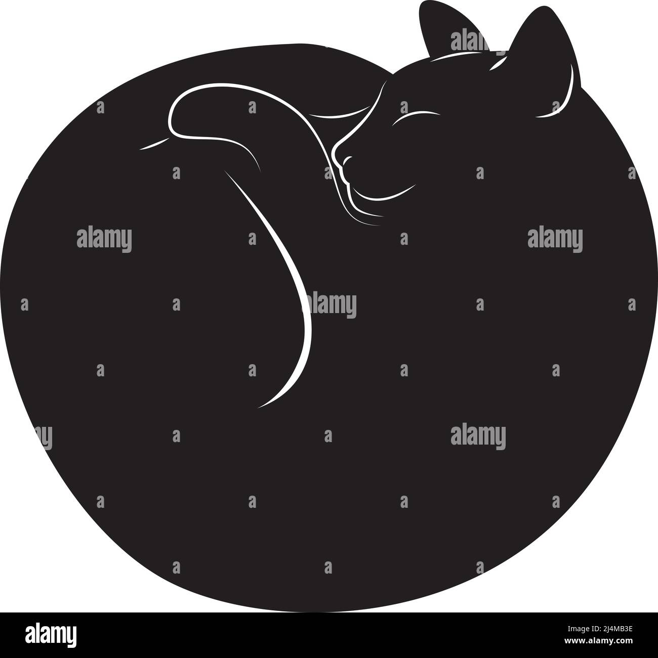 Joli chat heureux enroulé. Adorable chaton reposant dans une posture détendue. Doux et paresseux, allongé sur le dos. Illustration vectorielle plate. Isoler la mise en plan noire Illustration de Vecteur