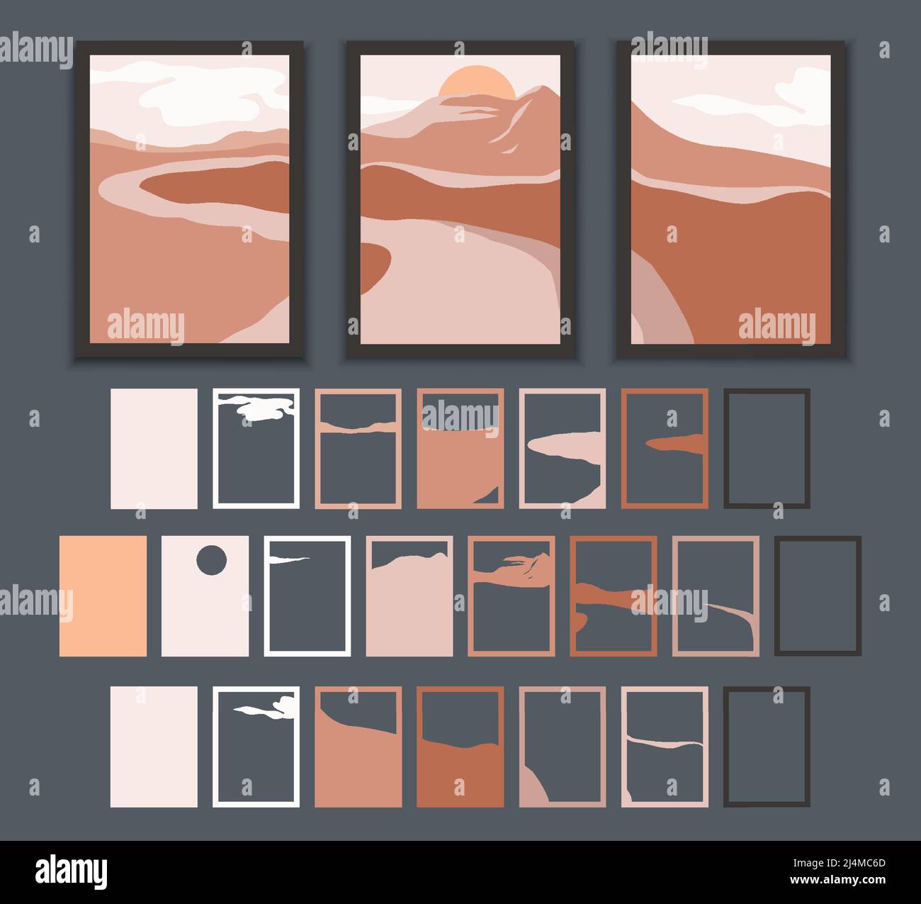 Paysage triptyque abstrait. Rivière ou route et montagne au coucher du soleil. Décoration murale. Illustration vectorielle beige. Mur de boho artistique imprimable Illustration de Vecteur