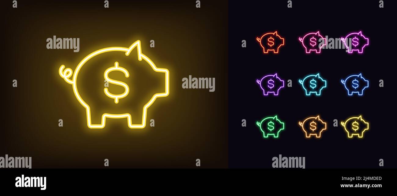 Icône de la boîte d'argent néon. Banc de pigeonny au néon lumineux avec signe dollar, pictogramme de la moneybox. Piggybank, investir et économiser de l'argent, de financer le capital et Illustration de Vecteur