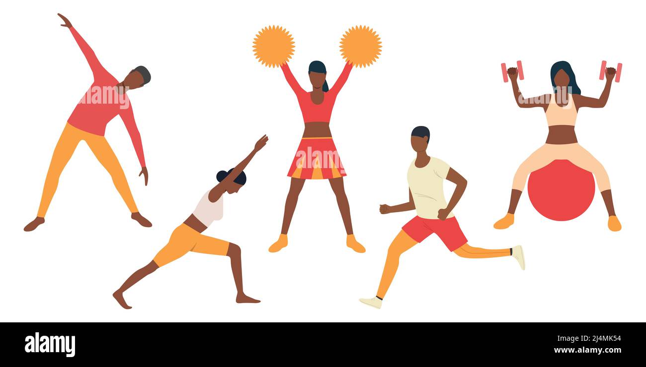 Ensemble de meneurs se préparant à la performance. Les jeunes Africains en vêtements jaunes et coralliennes s'exerçant. L'illustration vectorielle peut être utilisée pour le train Illustration de Vecteur