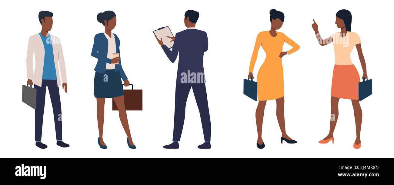 Ensemble de cadres d'affaires hommes et femmes avec porte-documents. Personnages de dessins animés vêtus de vêtements élégants. L'illustration vectorielle peut être utilisée pour presenta Illustration de Vecteur