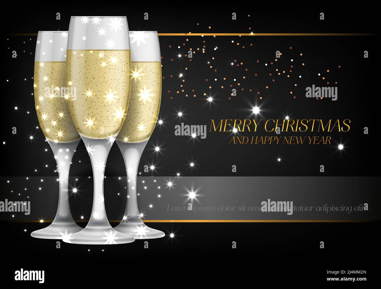 Joyeux Noël avec une affiche représentant des verres à champagne. Inscription avec des verres à champagne avec des sparkles sur fond noir. Peut être utilisé pour les affiches, b Illustration de Vecteur